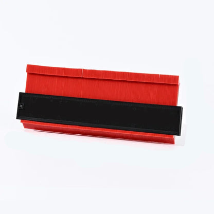 Red 10-inch Belro contour gauge for woodworking and construction measuring tools, featuring adjustable pins for precise shape copying.