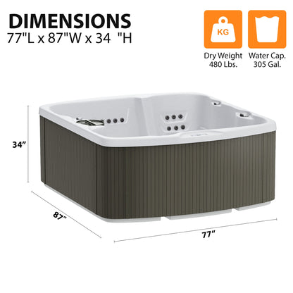 Lifesmart Leganza 6-person spa with 90 jets, lounge seating, in Sea Salt Coastal Gray, showing dimensions and features.