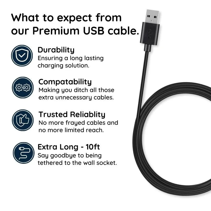 Belro 10ft premium Micro USB cable for electronics, showing the black cable with USB and Micro USB connectors.