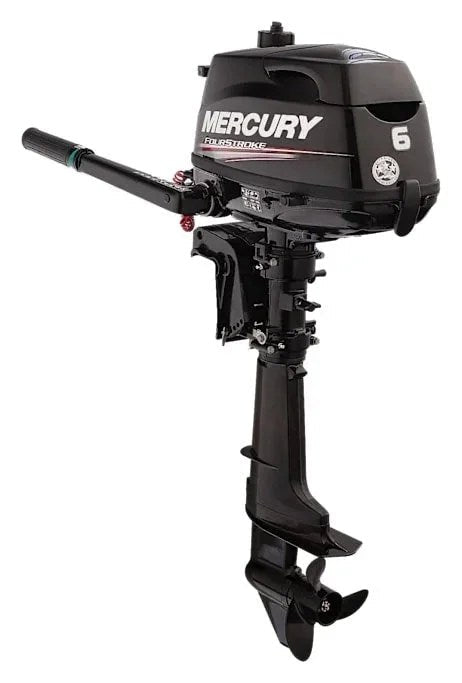 Casavibeo Mercury 6HP four-stroke outboard motor with control handles and engine details, ready for gardening and small boating tasks.