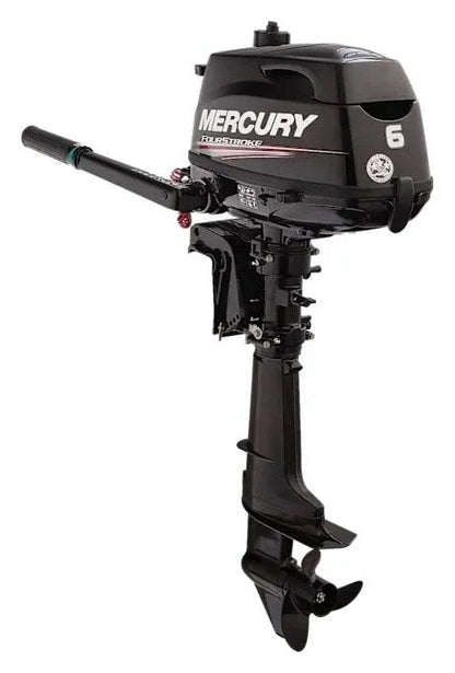 Casavibeo Mercury 6HP four-stroke outboard motor with control handles and engine details, ready for gardening and small boating tasks.