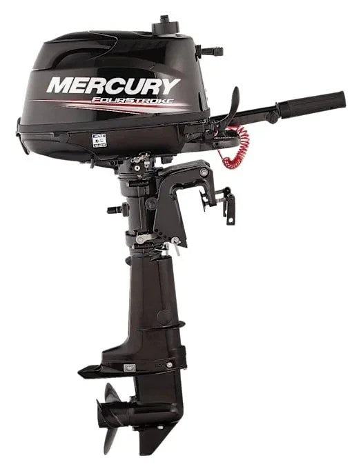 Casavibeo Mercury 6HP four-stroke tiller outboard motor, shown with control handles and propeller in a marine setting.