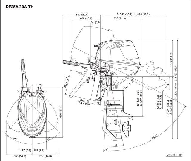 Suzuki DF30ATHL2 30 HP outboard motor on a boat, showing the engine's sleek design and mounting hardware.