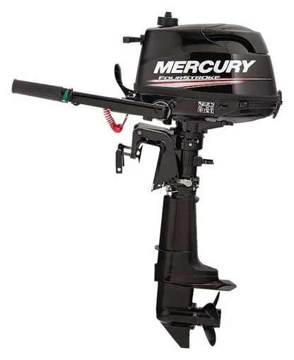 Casavibeo Mercury 5hp four-stroke outboard motor with 15-inch shaft, manual tilt/trim, and manual start, suitable for boating.