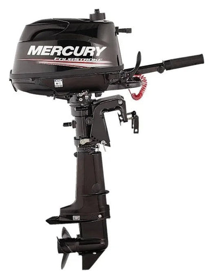 Casavibeo Mercury 5hp four-stroke outboard motor with 15-inch shaft, manual tilt/trim, and manual start, showing control panel and engine.