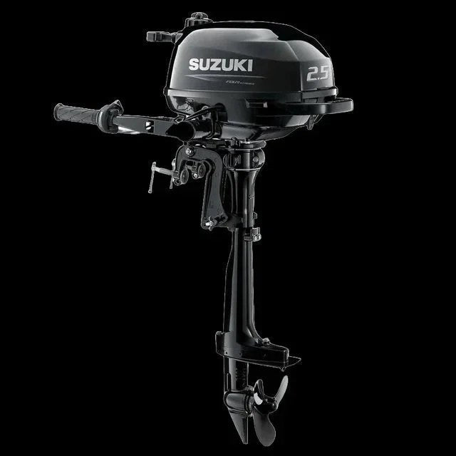 Casavibeo Suzuki 2.5 HP outboard motor Model DF2.5S5, compact marine engine with black and silver design, ready for boating.