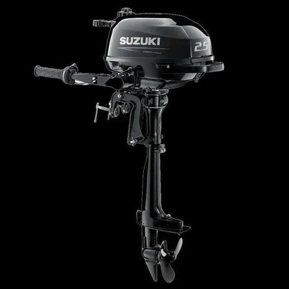 Casavibeo Suzuki 2.5 HP outboard motor Model DF2.5S5, compact marine engine with black and silver design, ready for boating.