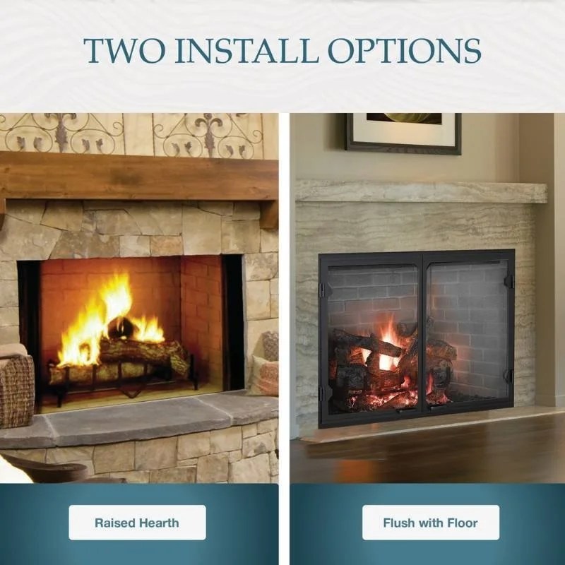 Casavibeo Majestic Biltmore 36-inch radiant wood burning fireplace with brick surround and glowing fire in a cozy living room.