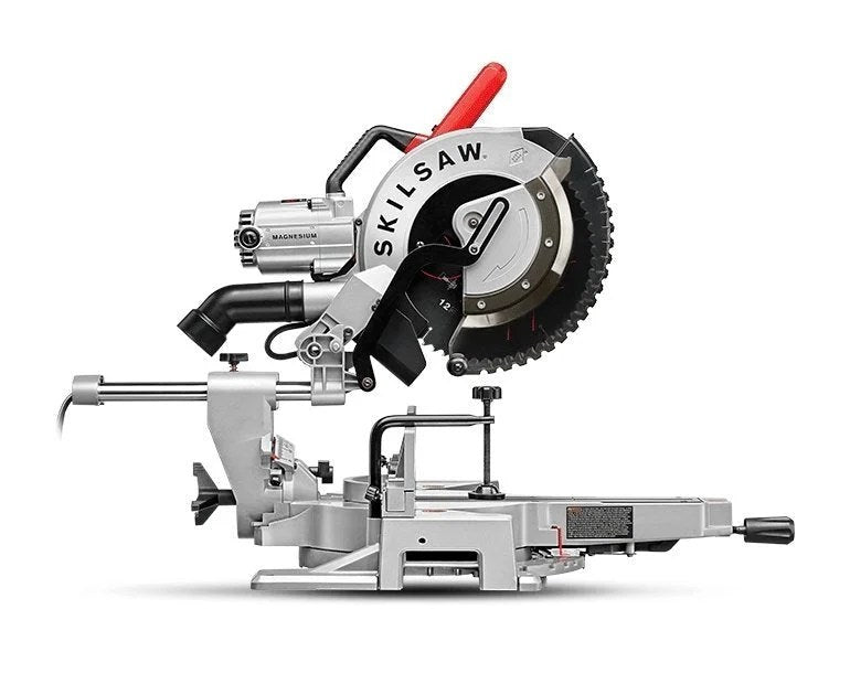 Casavibeo SKIL SPT88-01 12-inch worm drive dual bevel sliding miter saw with blade and adjustable features.