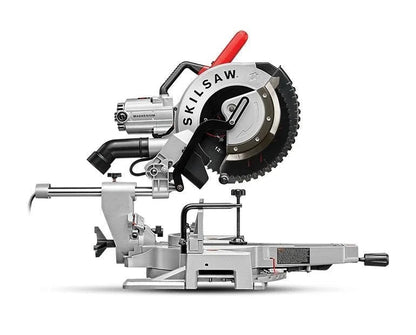 Casavibeo SKIL SPT88-01 12-inch worm drive dual bevel sliding miter saw with blade and adjustable features.