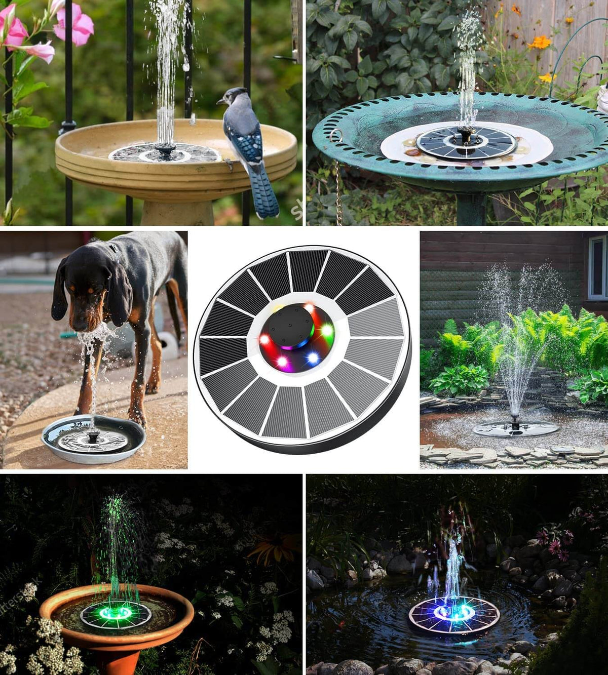 Belro LED solar energy fountain with cascading water and glowing lights, perfect for garden decor and outdoor home enhancement.