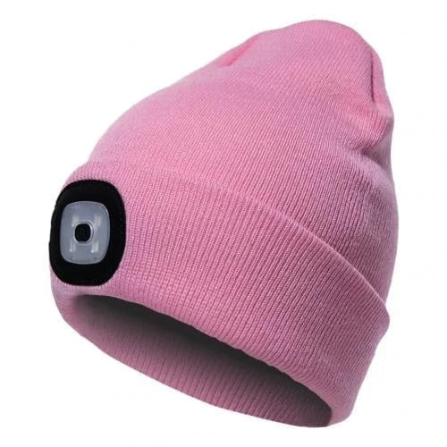 Belro LED Beanie Light attached to a black beanie, providing hands-free illumination for outdoor activities and nighttime use.