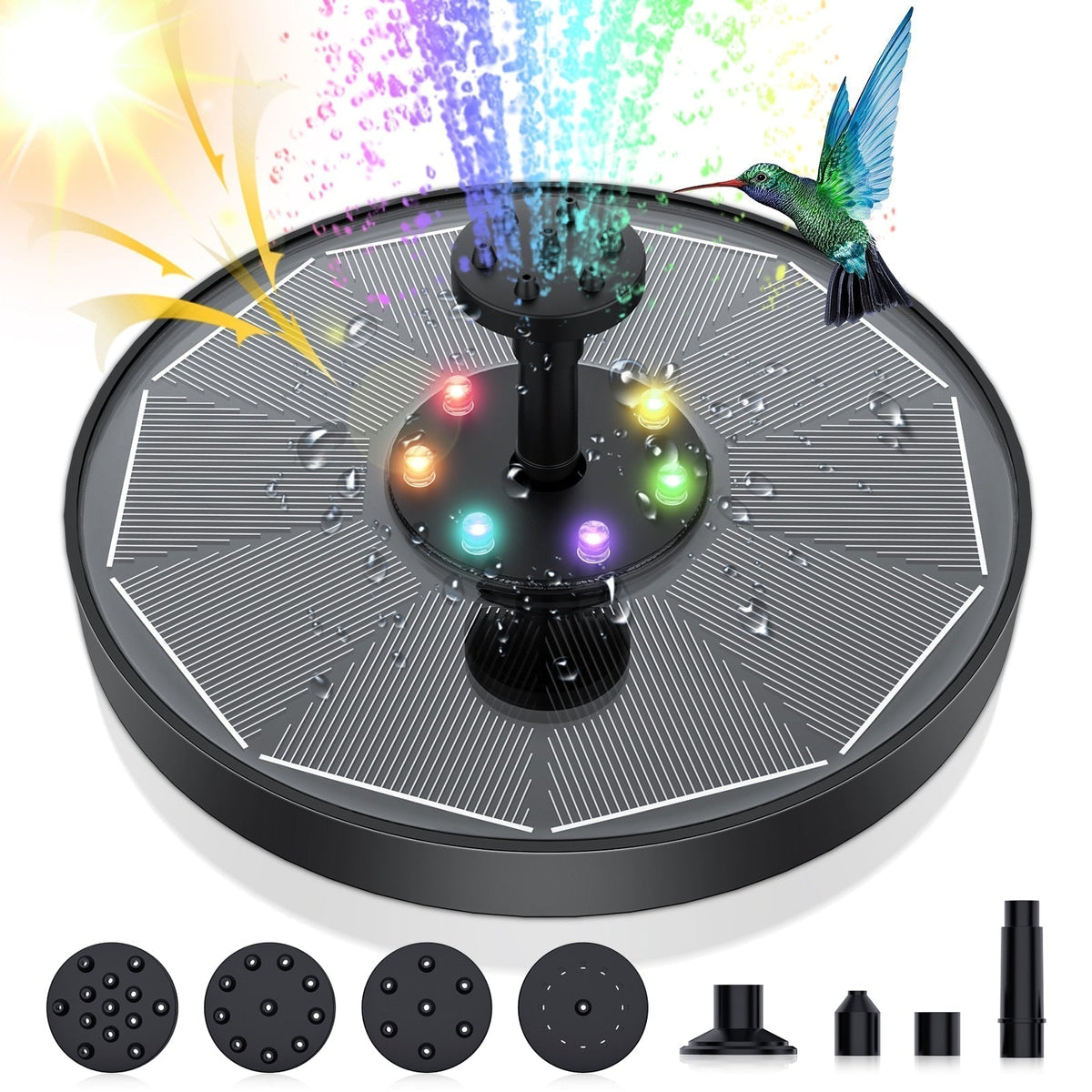 Belro LED Solar Energy Fountain in a garden setting, showcasing water feature with solar-powered LED lights for outdoor decor.