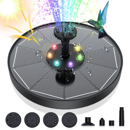 Belro LED Solar Energy Fountain in a garden setting, showcasing water feature with solar-powered LED lights for outdoor decor.
