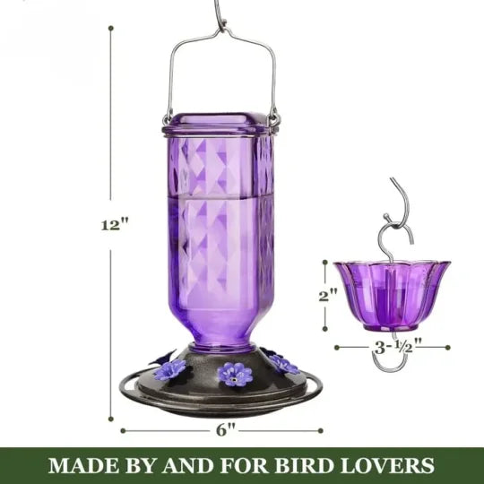 Clear 24oz leak-proof glass hummingbird feeder with colorful flower accents for garden bird decoration by Belro.