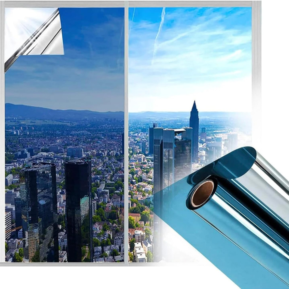Reflective Belro one-way privacy glass window insulation film applied to a window, enhancing privacy and energy efficiency.