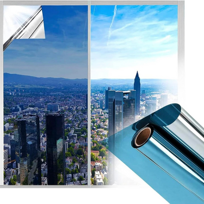 Reflective Belro one-way privacy glass window insulation film applied to a window, enhancing privacy and energy efficiency.