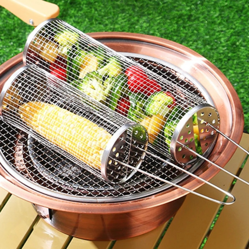 Belro stainless steel round barbecue grilling basket for outdoor grilling, perfect for grilling vegetables and meats.