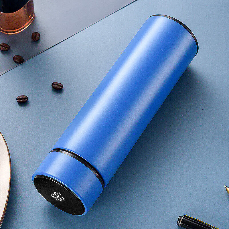 Belro LED temperature display thermos bottle with digital screen, stainless steel body, and ergonomic design for hot and cold beverages.
