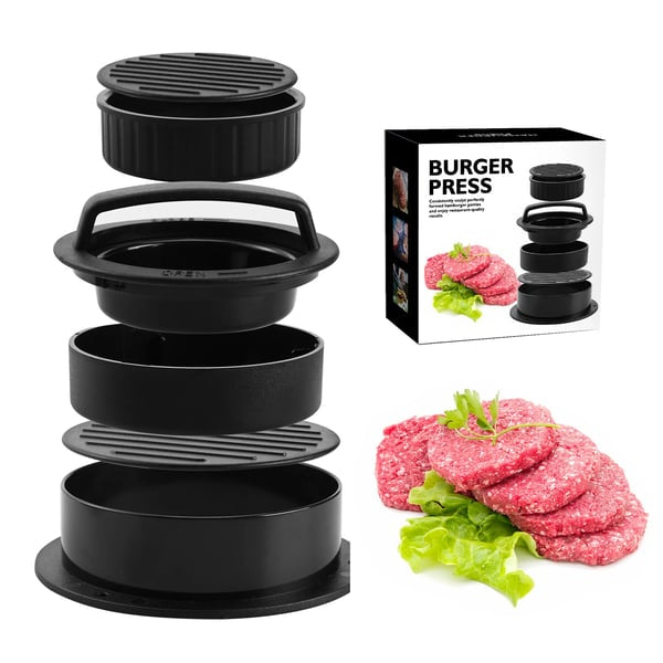 Belro burger press for homemade patties, made of durable plastic, with a round shape and handle for easy pressing.