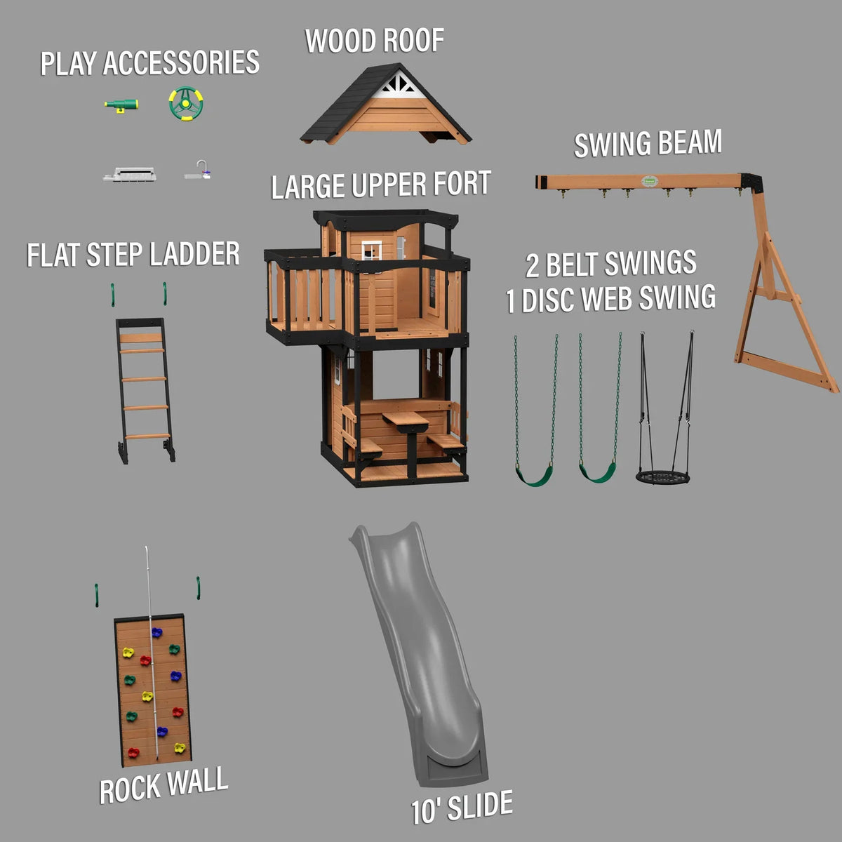 Casavibeo Canyon Creek Swing Set with gray slide, featuring sturdy frame and hanging swings for outdoor play.