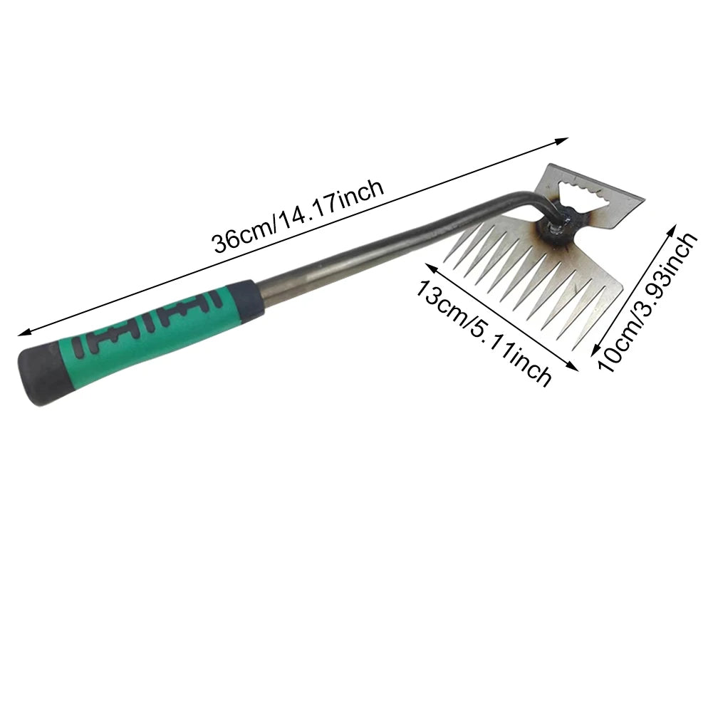 Heavy-duty Belro weed puller tool with 11 tines, designed for garden weed removal, suitable for men's gardening clothing.