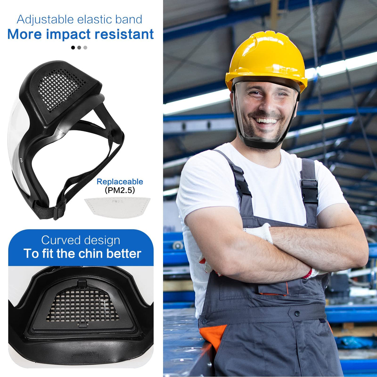 Belro anti-fog face shield, a protective clothing accessory with clear visor and adjustable head strap for full face coverage.