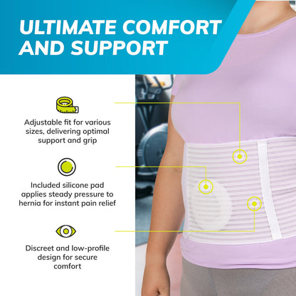 Belro abdominal hernia support belt with pad for umbilical and abdominal hernias, plus-size adjustable belt accessory.