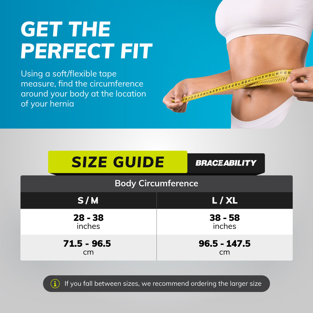 Belro umbilical and abdominal hernia support belt with adjustable pad, shown with sizing chart for proper fit.