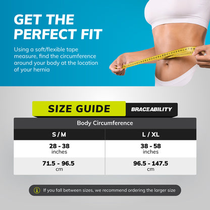 Belro umbilical and abdominal hernia support belt with adjustable pad, shown with sizing chart for proper fit.