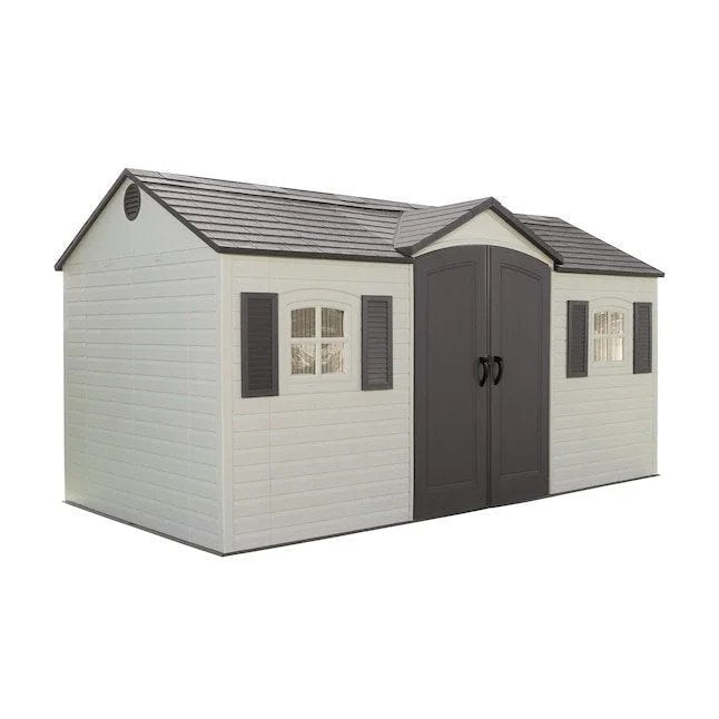 Casavibeo Lifetime garden storage shed, 15x8 feet, with double doors and sturdy metal construction for outdoor storage.