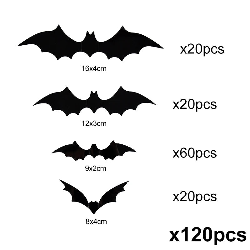120pcs Belro 3D PVC Halloween bats wall stickers for home decor, featuring spooky bat designs for Halloween celebrations.