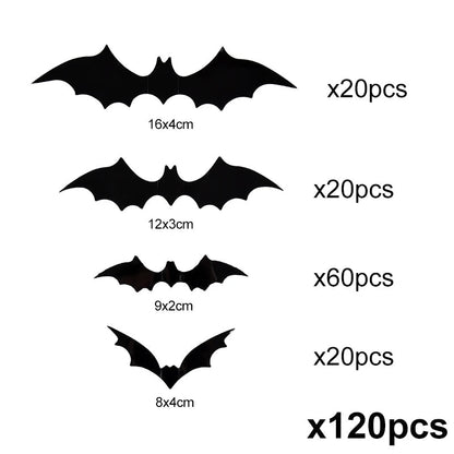 120pcs Belro 3D PVC Halloween bats wall stickers for home decor, featuring spooky bat designs for Halloween celebrations.