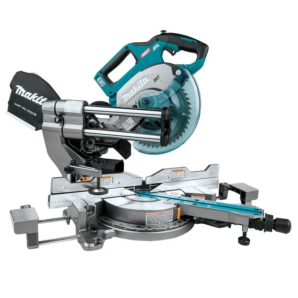 Makita GSL02Z 40V Max XGT cordless 8-1/2-inch dual-bevel saw with brushless motor, shown in a workshop setting