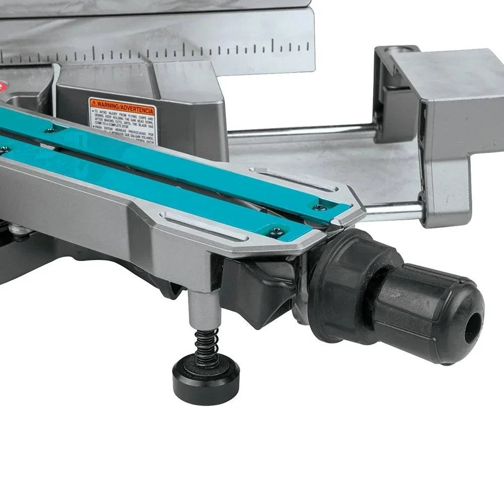 Makita LS1018 10-inch slide compound miter saw with adjustable angles and safety features, shown on a workbench.