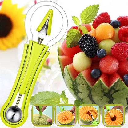 Mivoza 3-in-1 fruit cutter with slicing, dicing, and decorating functions, shown with assorted fresh fruits on a kitchen surface.