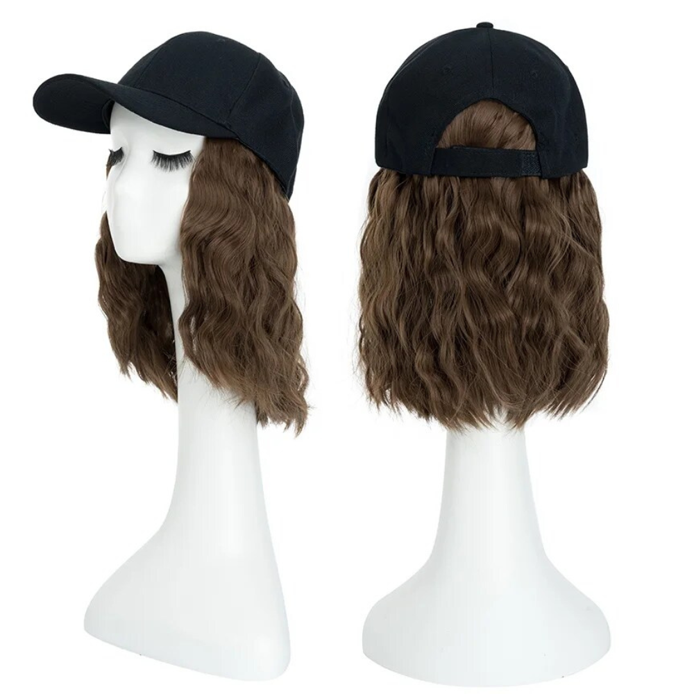 Belro heat resistant synthetic wavy wig extension attached to a baseball cap, wearable hair accessory with wavy style and adjustable fit.