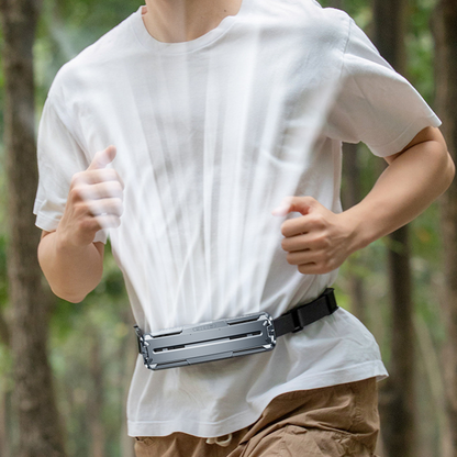 Belro hands-free waist fan belt for travel, worn around the waist, with built-in fan for cooling during outdoor activities.