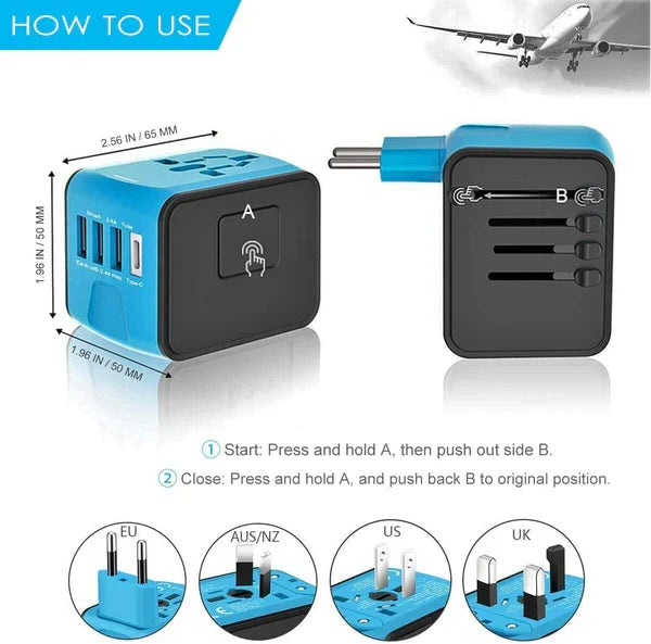 Belro multi-port travel adapter with multiple plug options and USB ports for international electronics compatibility.