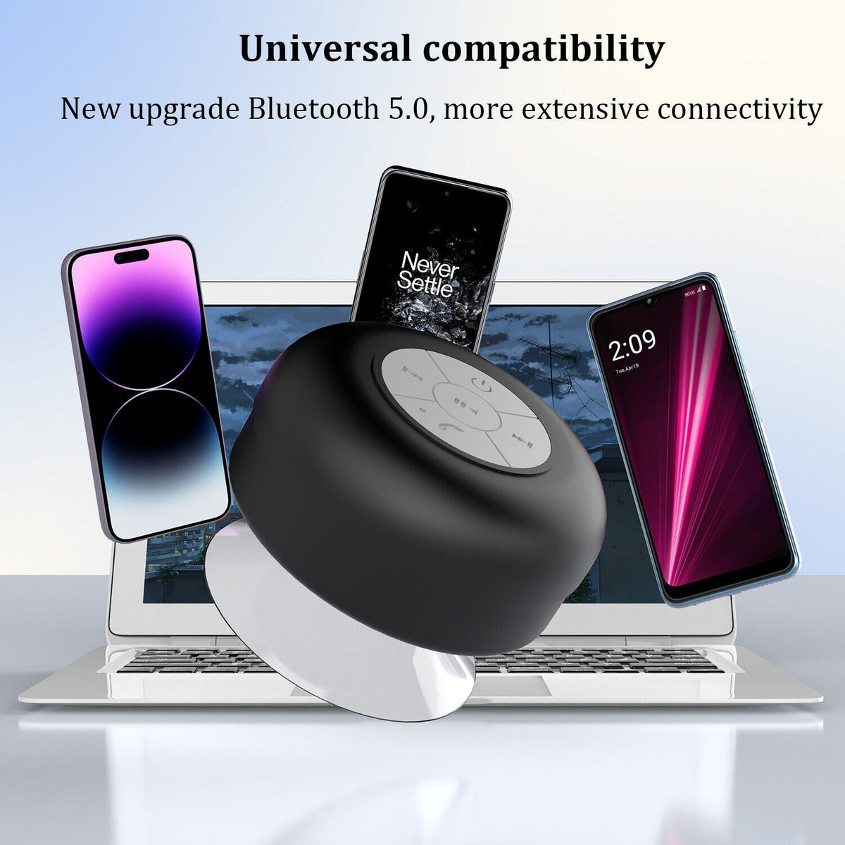 Belro shower speaker attached to bathroom wall, waterproof electronics audio device for shower music and hands-free calls.
