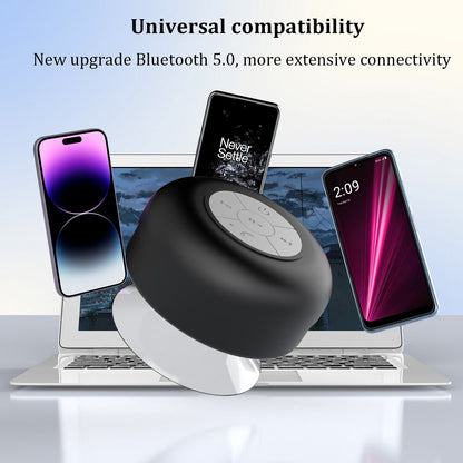Belro shower speaker attached to bathroom wall, waterproof electronics audio device for shower music and hands-free calls.