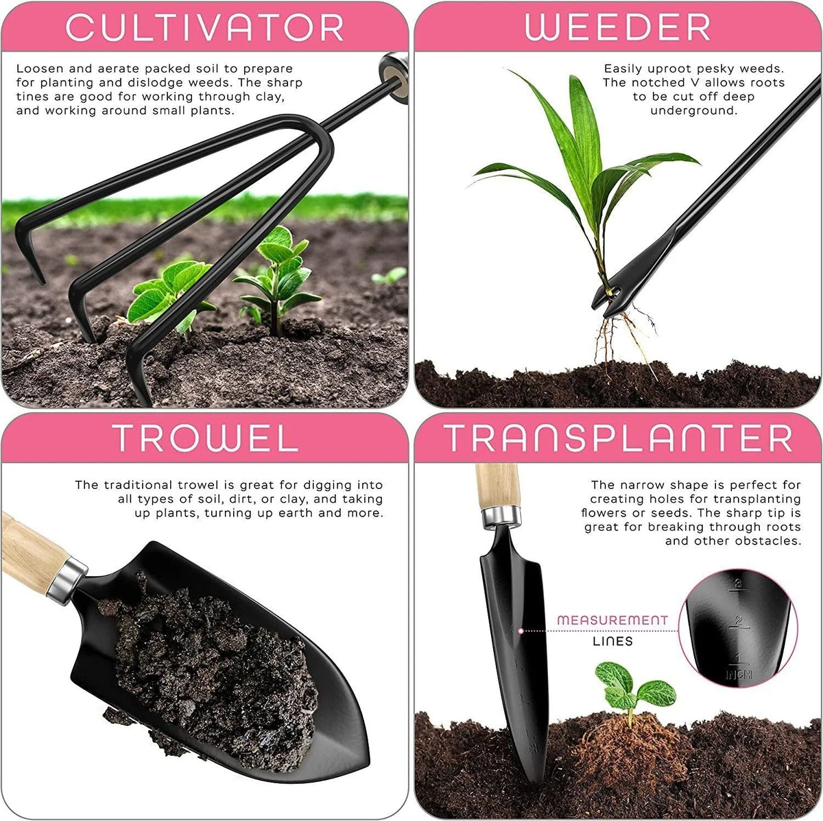 Casavibeo stainless steel gardening tools set with trowel, pruners, and hand rake for planting and garden maintenance.