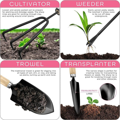 Casavibeo stainless steel gardening tools set with trowel, pruners, and hand rake for planting and garden maintenance.