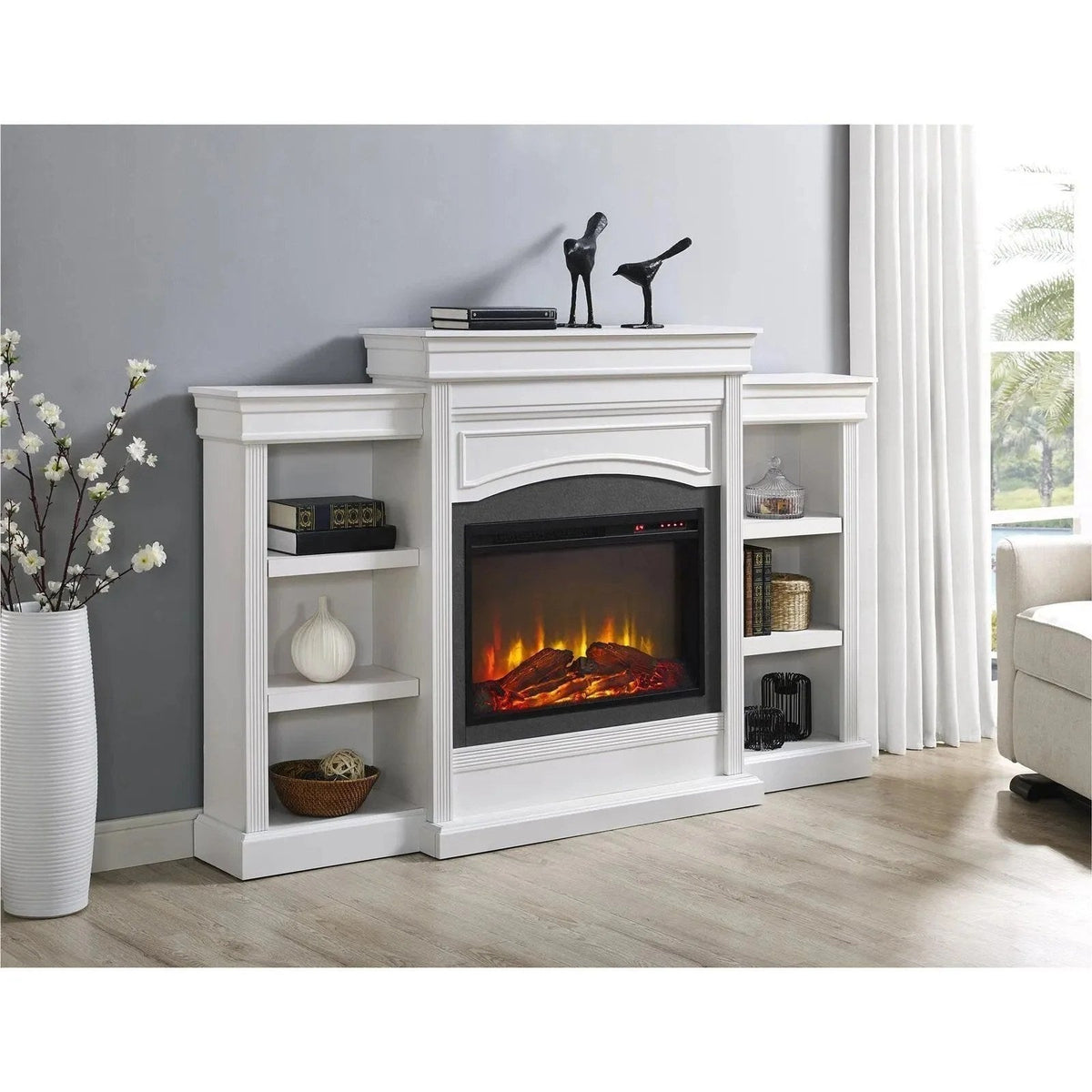 Casavibeo Ameriwood Home Lamont Mantel Fireplace with white finish and built-in electric heater, showcasing its sleek design.