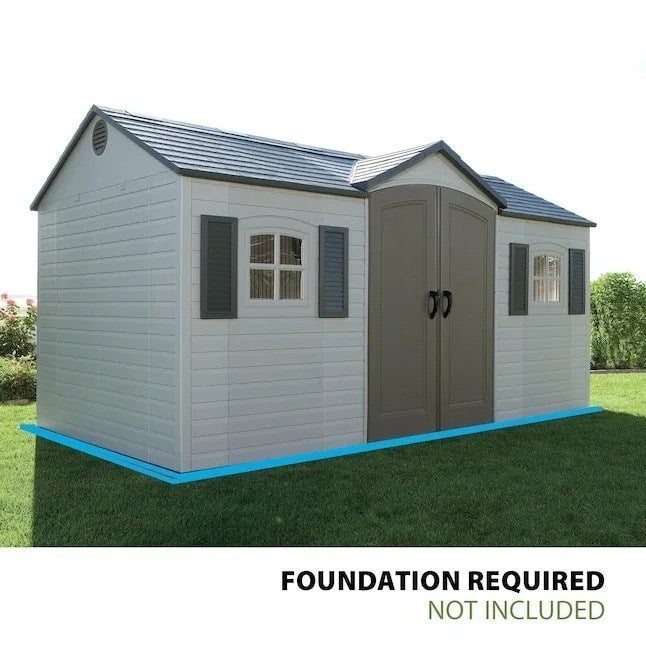 Casavibeo Lifetime garden storage shed, 15x8 feet, with double doors and sturdy weather-resistant panels in a backyard setting.