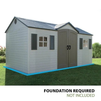 Casavibeo Lifetime garden storage shed, 15x8 feet, with double doors and sturdy weather-resistant panels in a backyard setting.