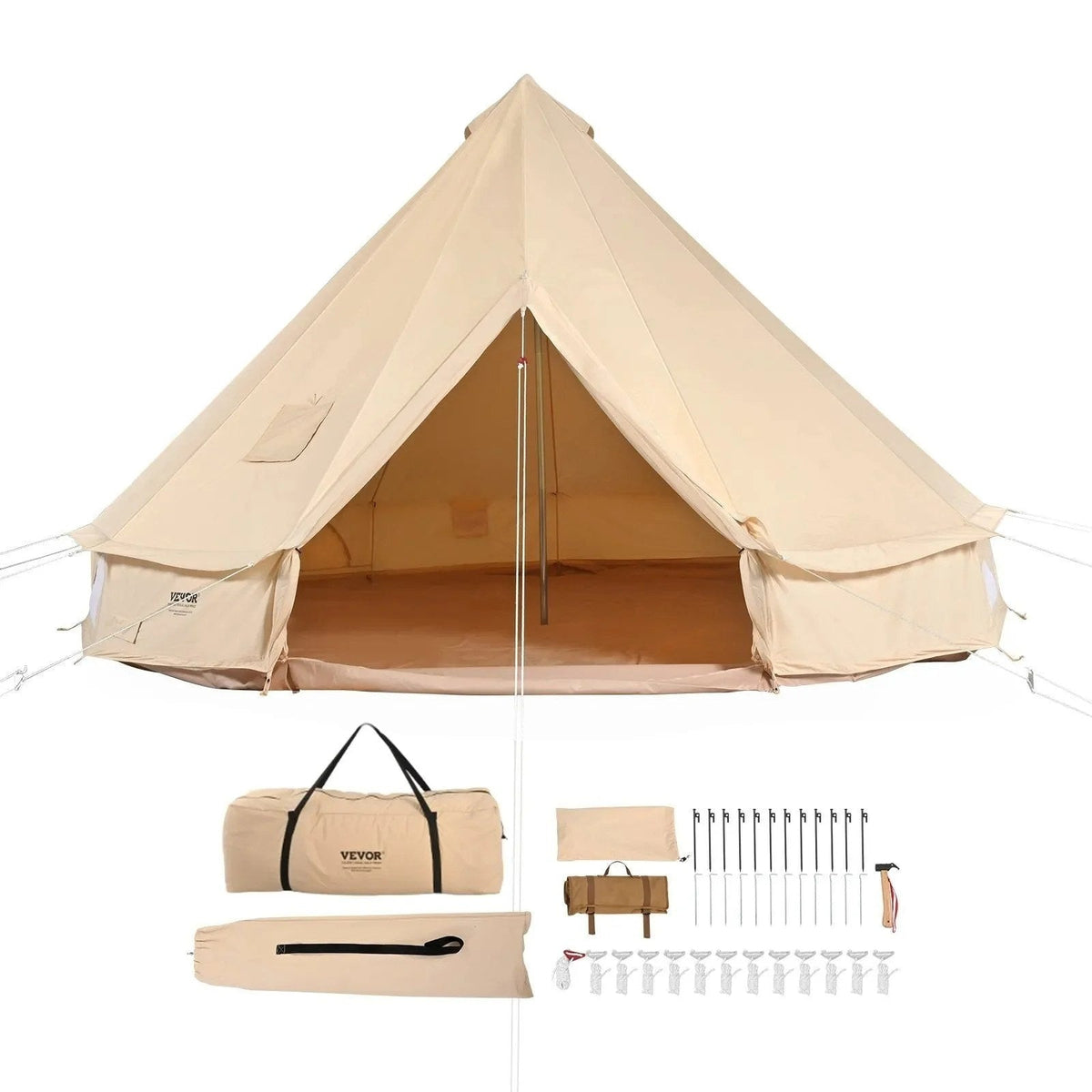 Casavibeo VEVOR Canvas Bell Tent set up outdoors with rolled-up sides, showcasing a spacious and durable camping tent.