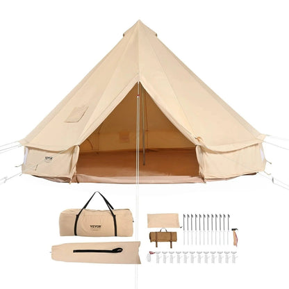 Casavibeo VEVOR Canvas Bell Tent set up outdoors with rolled-up sides, showcasing a spacious and durable camping tent.