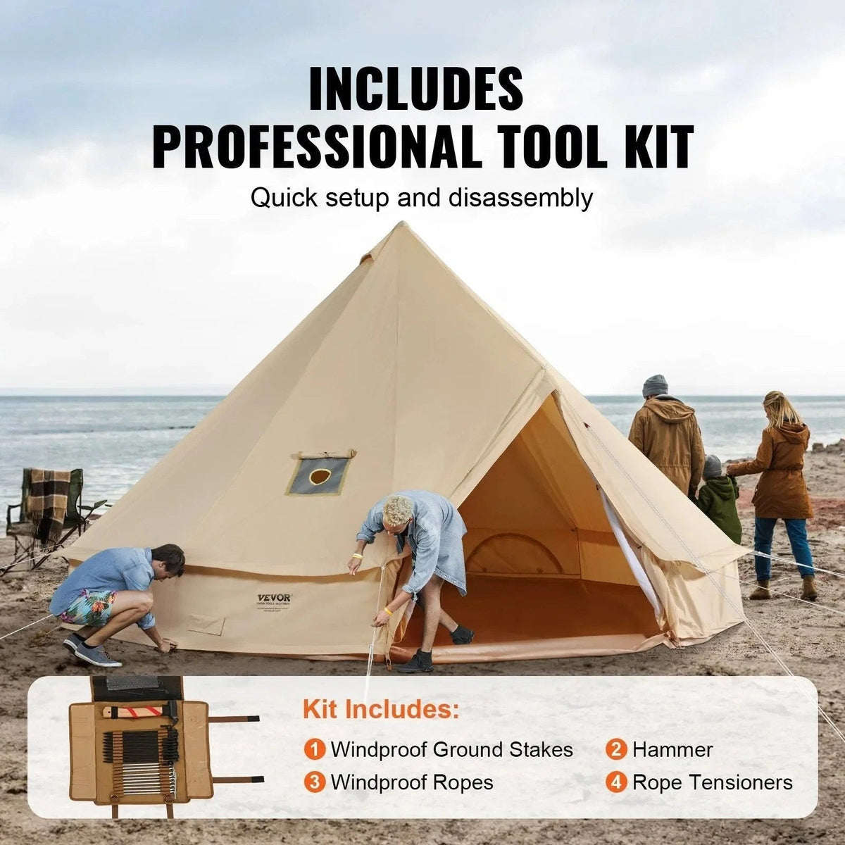Casavibeo VEVOR Canvas Bell Tent set up outdoors with wooden poles and fabric walls, showcasing its spacious and durable design.