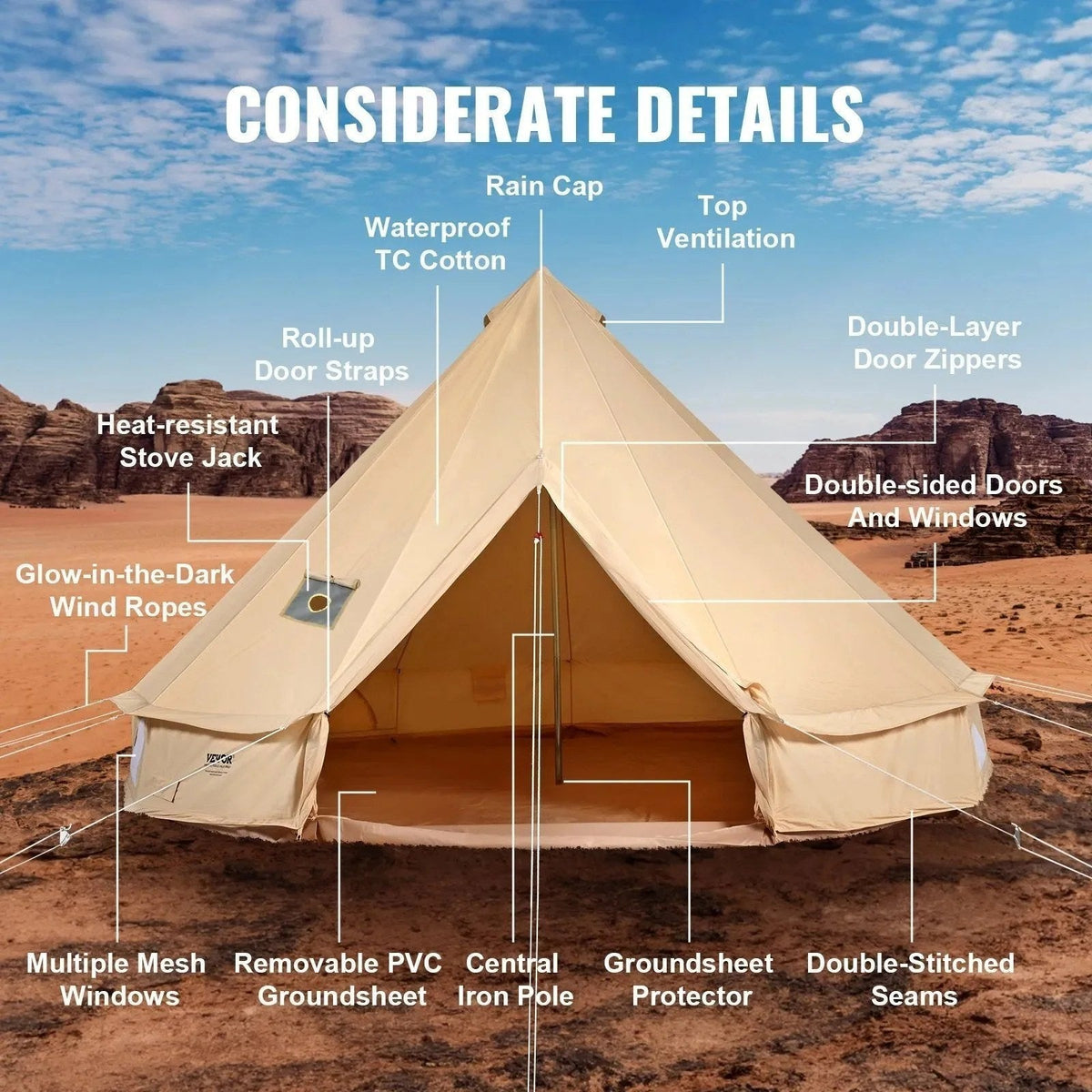 Casavibeo VEVOR Canvas Bell Tent set up outdoors, showcasing durable fabric and spacious design for camping adventures.